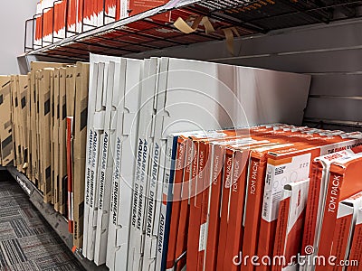 Lynnwood, WA USA - circa May 2022: Angled view of drumheads for sale inside a Guitar Center musical instrument store Editorial Stock Photo