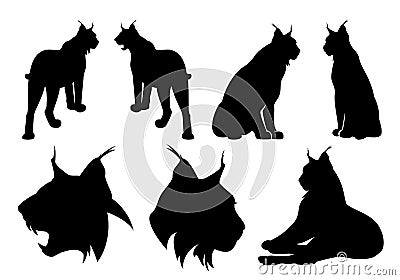 Lynx cats black vector silhouette set Vector Illustration