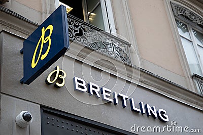 Breitling logo brand facade and text sign swiss watches wall shop jewelry store wall boutique Editorial Stock Photo