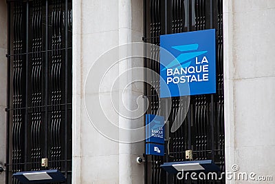 La Banque Postale logo sign and brand atm logo facade wall entrance blue of office French bank Editorial Stock Photo