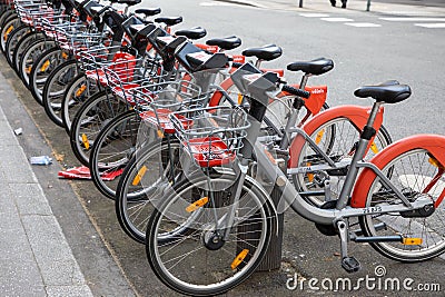 lyon urban city self-service bicycle in center town rent bike Editorial Stock Photo