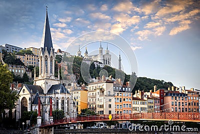Lyon, Eglise Saint George seen from the Passerelle St. George Walkways. France. Editorial Stock Photo