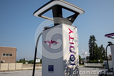 IONITY logo brand and text sign on High-Power Charging Units car electric vehicle ev Illustrative Editorial Stock Photo