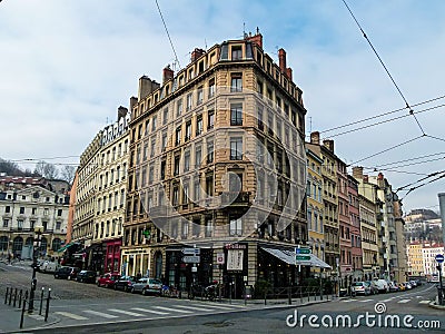 LYON, FRANCE - January 26, 2011: Unusual building on the street of Lyon in winter in France Editorial Stock Photo