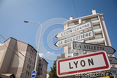 Roadsign indicating the entrance to Lyon. This sign is a standard French plate visible at each entrance to any French municipality Editorial Stock Photo