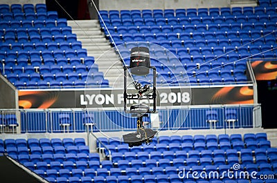 LYON, FRANCE - 16 May, 2018: Spider camera soars over the stadium in Lyon during the final UEFA Europa League match between Editorial Stock Photo