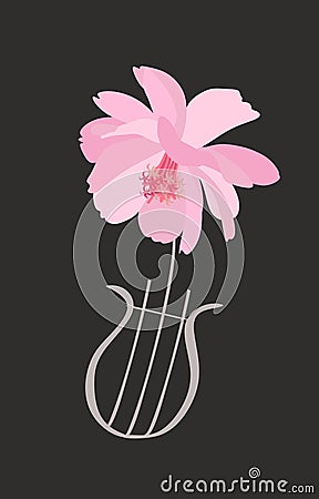 Lyre in shape of gentle pink cosmos flower isolated on black background in vector. Greeting or invitation card, musical logo Vector Illustration