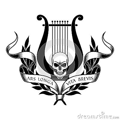 Lyre with skull, laurel wreath and ribbon. Vector Illustration