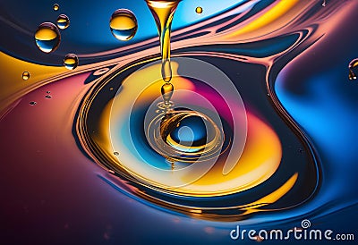 Lyrical drops and splashes of oil on the surface of the water with bright colors in the background, Stock Photo