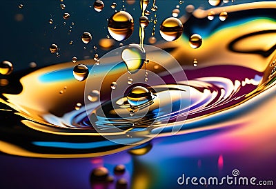 Lyrical drops and splashes of oil on the surface of the water with bright colors in the background, Stock Photo