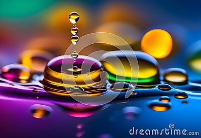 Lyrical drops and splashes of oil on the surface of the water with bright colors in the background, Stock Photo