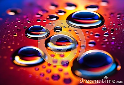 Lyrical drops and splashes of oil on the surface of the water with bright colors in the background, Stock Photo