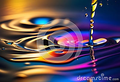 Lyrical drops and splashes of oil on the surface of the water with bright colors in the background, Stock Photo