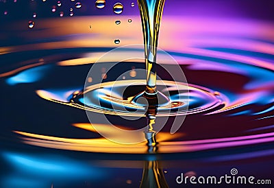 Lyrical drops and splashes of oil on the surface of the water with bright colors in the background, Stock Photo