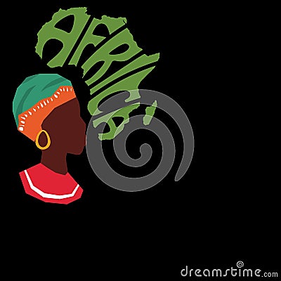 Black background, Africa written in green and drawing of a black woman's head Stock Photo