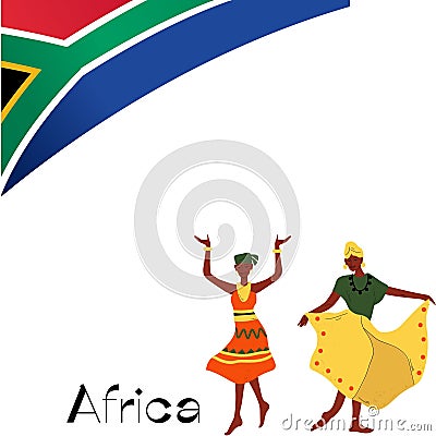 Drawing of black women dancing, South African flag, white background and Africa written in black Stock Photo