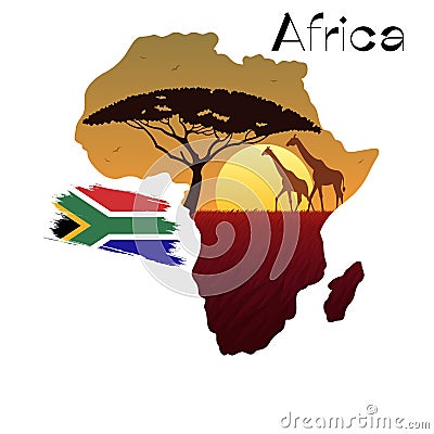 Map of Africa with drawings, white background, flag of South Africa and Africa written in black Stock Photo