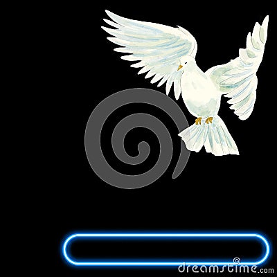 Black background with flying white dove design, blue dialog box frame Stock Photo