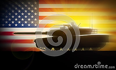 M1A2 Abrams tank moves rapidly against the background of the US flag. Stock Photo