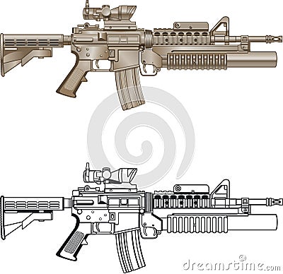 M16 assault rifle machine gun with grenade launcher Vector Illustration