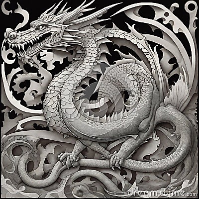 M C Escher Dragon Woodblock Print Painting Monochrome Western Freestyle Paint Dinosaur Draw AI Art Stock Photo