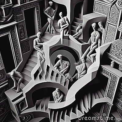 M C Escher style stairs original surreal illustration MC Cartoon Illustration