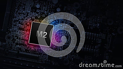 M2 core processor. Digital computer cpu, network motherboard chip on dark technology background. Modern technologies Stock Photo