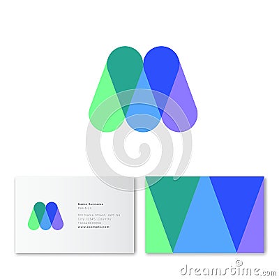 M letter. Flat transparent monogram. M monogram consist of transparent multicolor figures. Vector Illustration