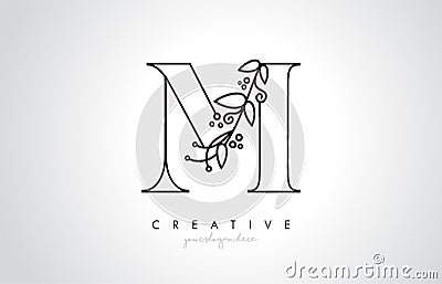 M Letter Logo With Organic Monogram Plant Leafs Detail and Circle Design. Creative Letter Icon Vector Illustration