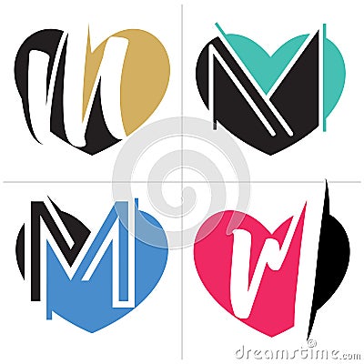 M letter logo design. Letter m in heart shape vector illustration. Stock Photo