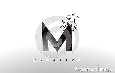 M Logo Letter with Flock of Birds Flying and Disintegrating from Vector Illustration
