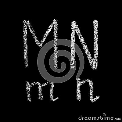 M, n handwritten white chalk letters isolated on black background Cartoon Illustration