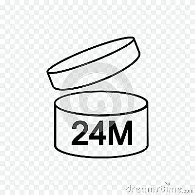 24m PAO icon. 24 months or 2 years period after opening sign. Thin line jar with open lid and number. Product freshness Vector Illustration