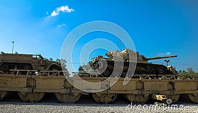 M60 Patton Tank with M9 Dozer Blade and M3 half-track carrier on Pontoon bridge. Latrun, Israel Editorial Stock Photo