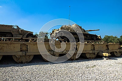 M60 Patton Tank with M9 Dozer Blade and M3 half-track carrier on Pontoon bridge. Latrun, Israel Editorial Stock Photo