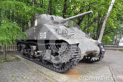 M4A2 Sherman medium tank, exhibit of the Victory Museum on Poklonnaya Gora Editorial Stock Photo