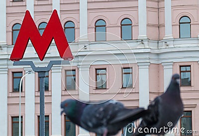 M-symbol of the underground metro and pigeons Editorial Stock Photo