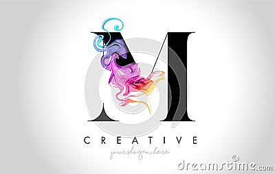 M Vibrant Creative Leter Logo Design with Colorful Smoke Ink Flo Vector Illustration