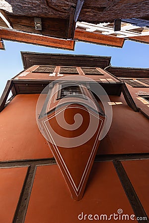 Renaissance architectural styles of 8 centuries difference - 11 and 19 centuries, narrow sky strip. Plovdiv, Bulgaria Stock Photo