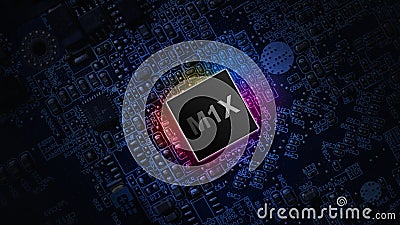 M1X processor chip. Network digital technology with computer cpu chip on dark motherboard background. Protect personal Stock Photo