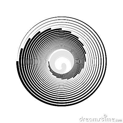 Geometric radial element. Abstract concentric. Monochrome volute, vortex shapes. Twisted helix elements. Rotation, spin and twist Vector Illustration