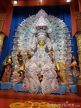 Maa Jagadhatri , one from of Durga , with traditional solar saj, she is sitted on her lion. Stock Photo