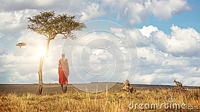 Maasai Tribe Man and Wildlife in Kenya Editorial Stock Photo