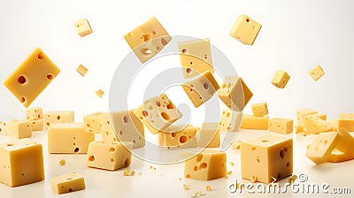 Maasdam Cheese Rain: Falling Cubes on Pristine White Stock Photo