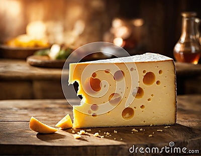 Maasdam cheese on a wooden table Stock Photo