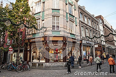 MAASTRICHT, NETHERLANDS - NOVEMBER 10, 2022: Panorama of a fashion store on the Grote Straat street in Maastricht city center, a Editorial Stock Photo