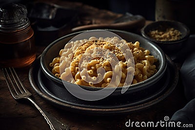 Mac and cheese baked pasta on Modern Italian ceramic plate, American style pasta generative AI Stock Photo