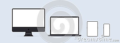 Mac display, Macbook, ipad and iphone icon. Neumorphic UI UX white user interface web button. Neumorphism. Kiev, Ukraine - April, Vector Illustration