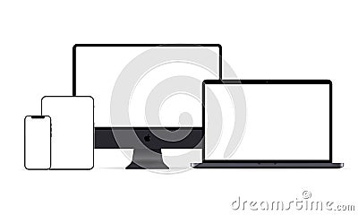 Mac display, Macbook, ipad and iphone icon. Neumorphic UI UX white user interface web button. Neumorphism. Kiev, Ukraine - April, Vector Illustration