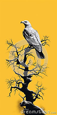Macabre Illustration Of An Eagle In A Tree On Yellow Background Stock Photo